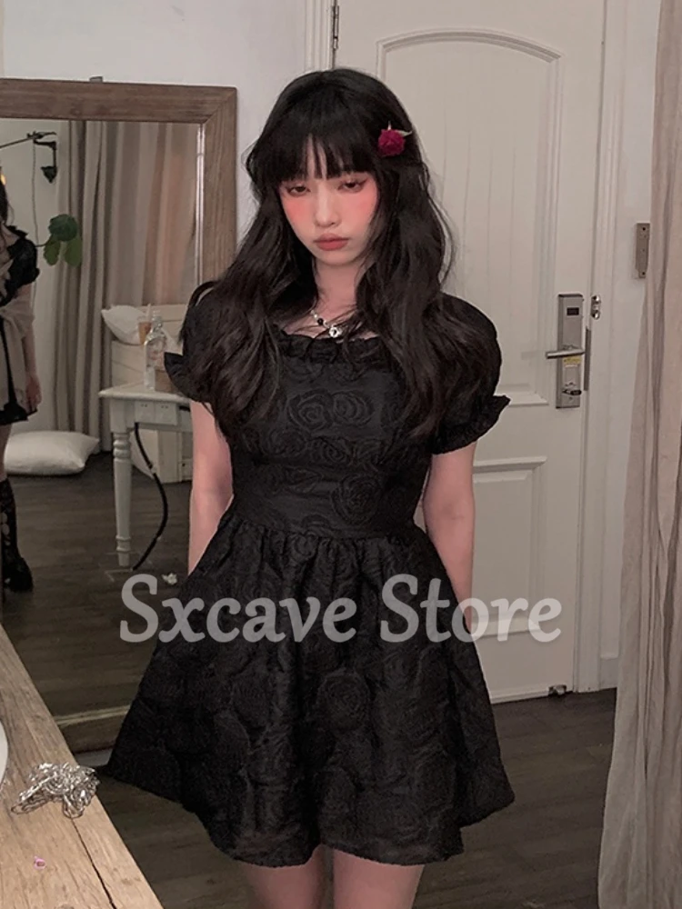 Bow Black Mini Dress Women Elegant Gothic Short Party Dress Female 2022 Summer Vintage One Piece Dress Korean Chic Kawaii Lolita