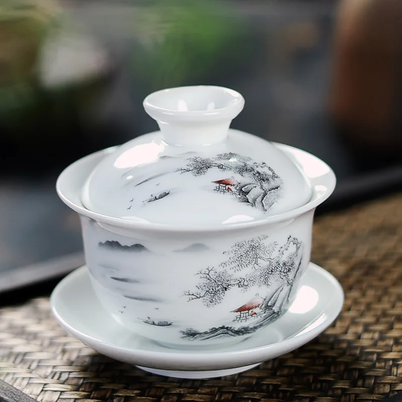 Handgefertigtes Jingdezhen Hochweißes Porzellan Blau-Weiß Sancai Gaiwan Teeschale Kung-Fu-Tee-Set Geschenk für Zuhause und Büro