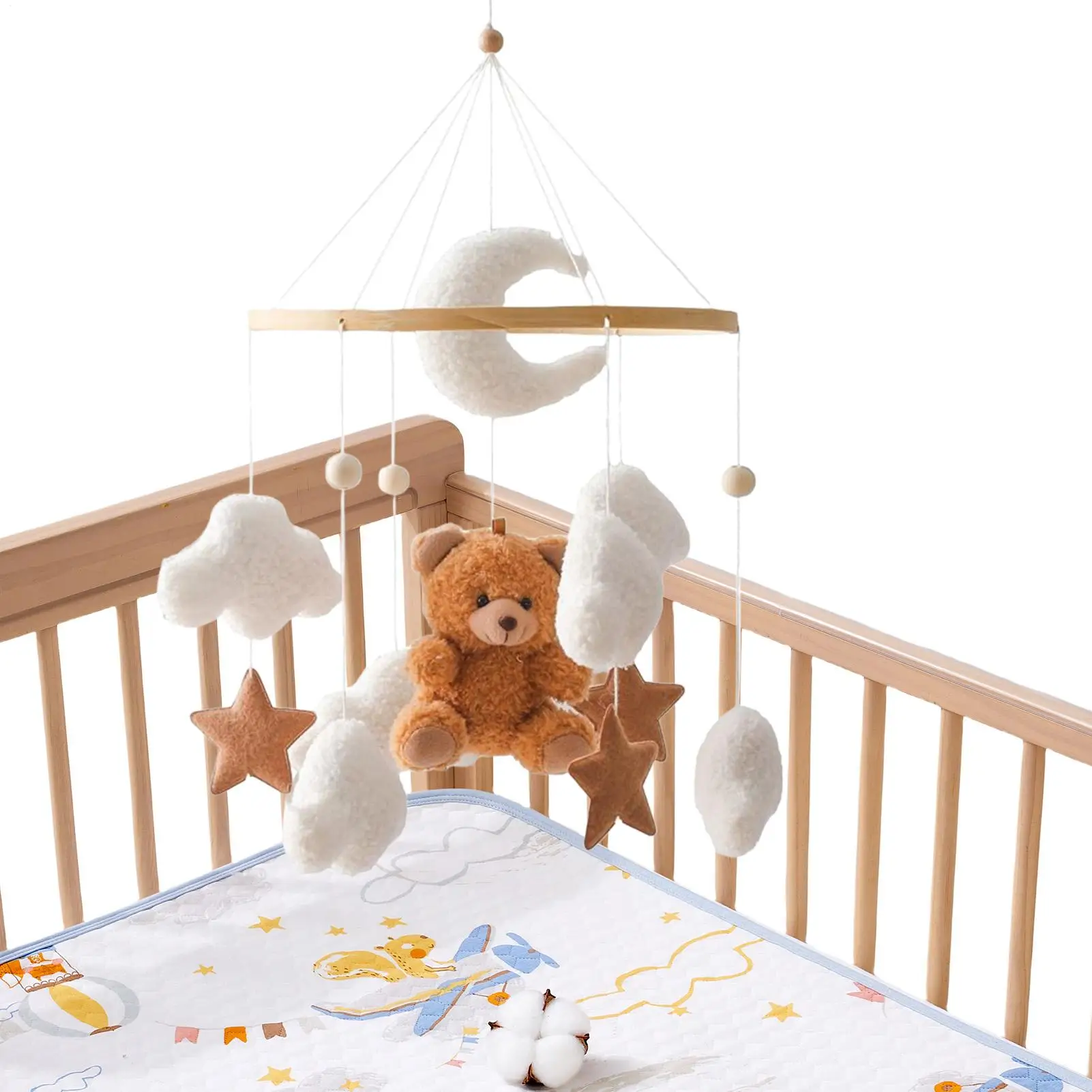 Crib Mobile Baby Bed Bell Rattle Toy Bear Cloud Star Baby Crib Mobile Hangable Soother with Rotation Cartoon Bear Mobile Hanging