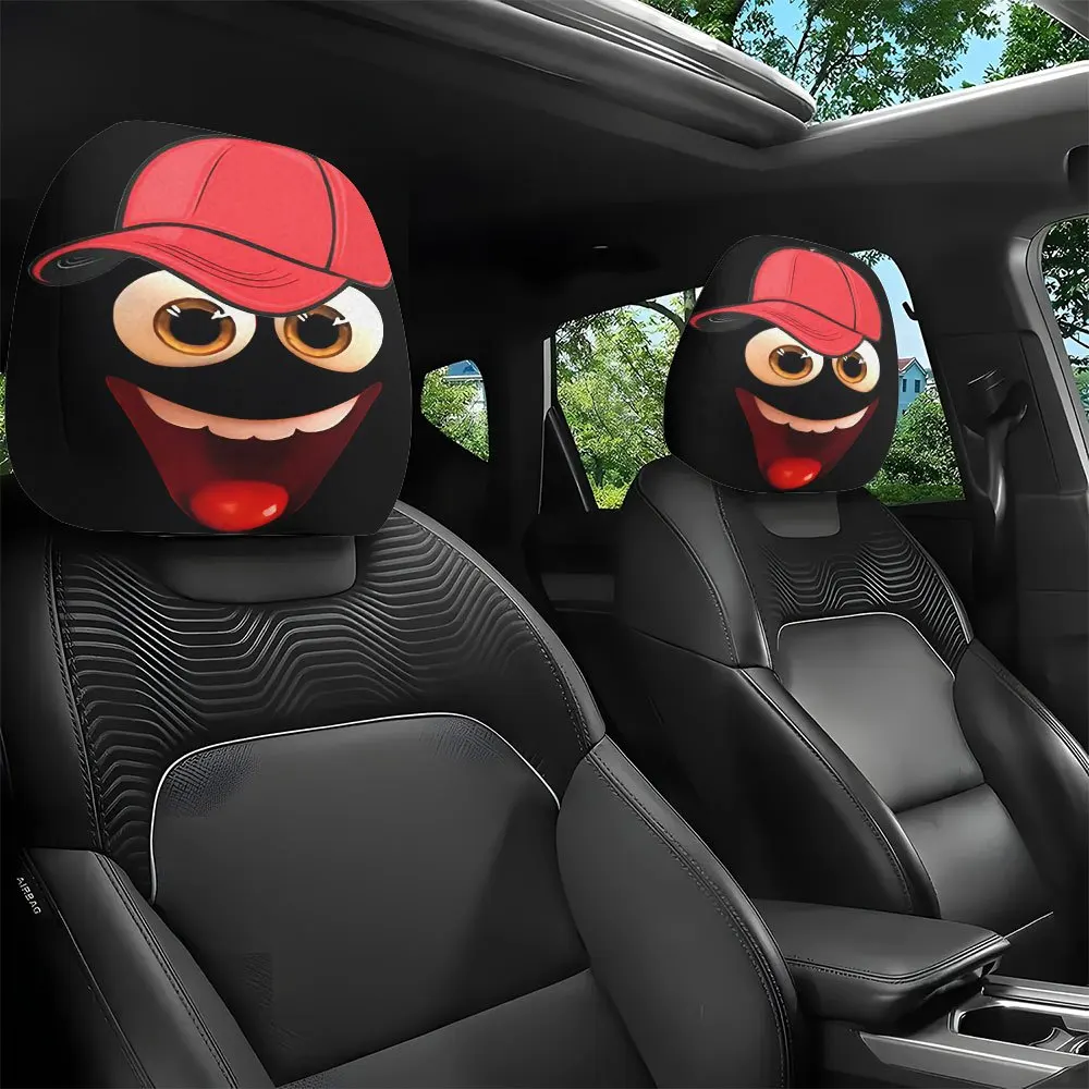 2PCS Cute Cartoon Big Eyes Car Headrest Covers with Red Hats, Elastic Universal Fit for Daily Commute, Funny Holiday Gift Idea
