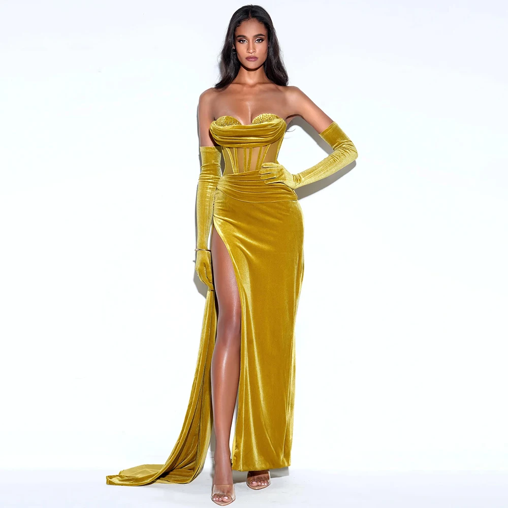 

Gold Velvet Evening Dress Long Sexy Sweetheart Crystal Mermaid Evening Gowns for Women 2023 Illusion High Slit Draped Prom Dress