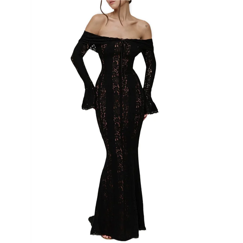 ชุดเดรสยาวทรงเข้ารูปสำหรับผู้หญิง ดีไซน์เปิดไหล่ แต่งลูกไม้ แขนทรงกระดิ่ง ผ้าตาข่ายซีทรู ทรงเมอร์เมด เหมาะสำหรับงานแต่งงานและงานปาร์ตี้
