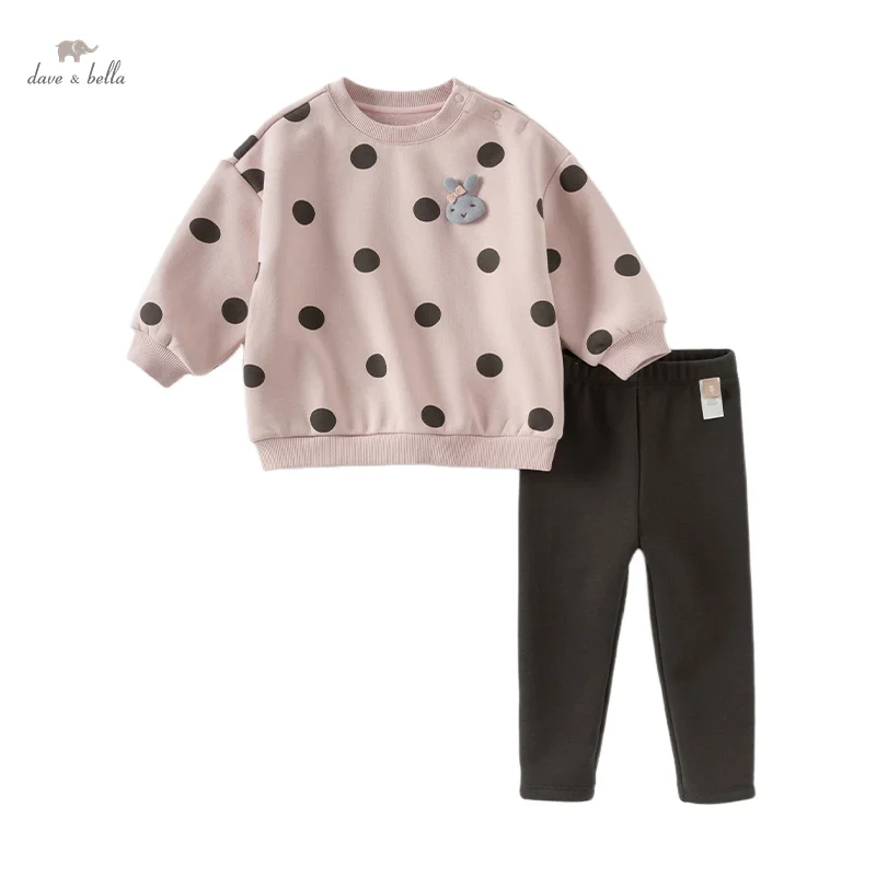 Dave Bella Children Suit 2024 New Autumn Winter Girls Velvet Hoodie Pant Two-Piece Casual Fashion Polka Dot Sweet Cute DB18648-T