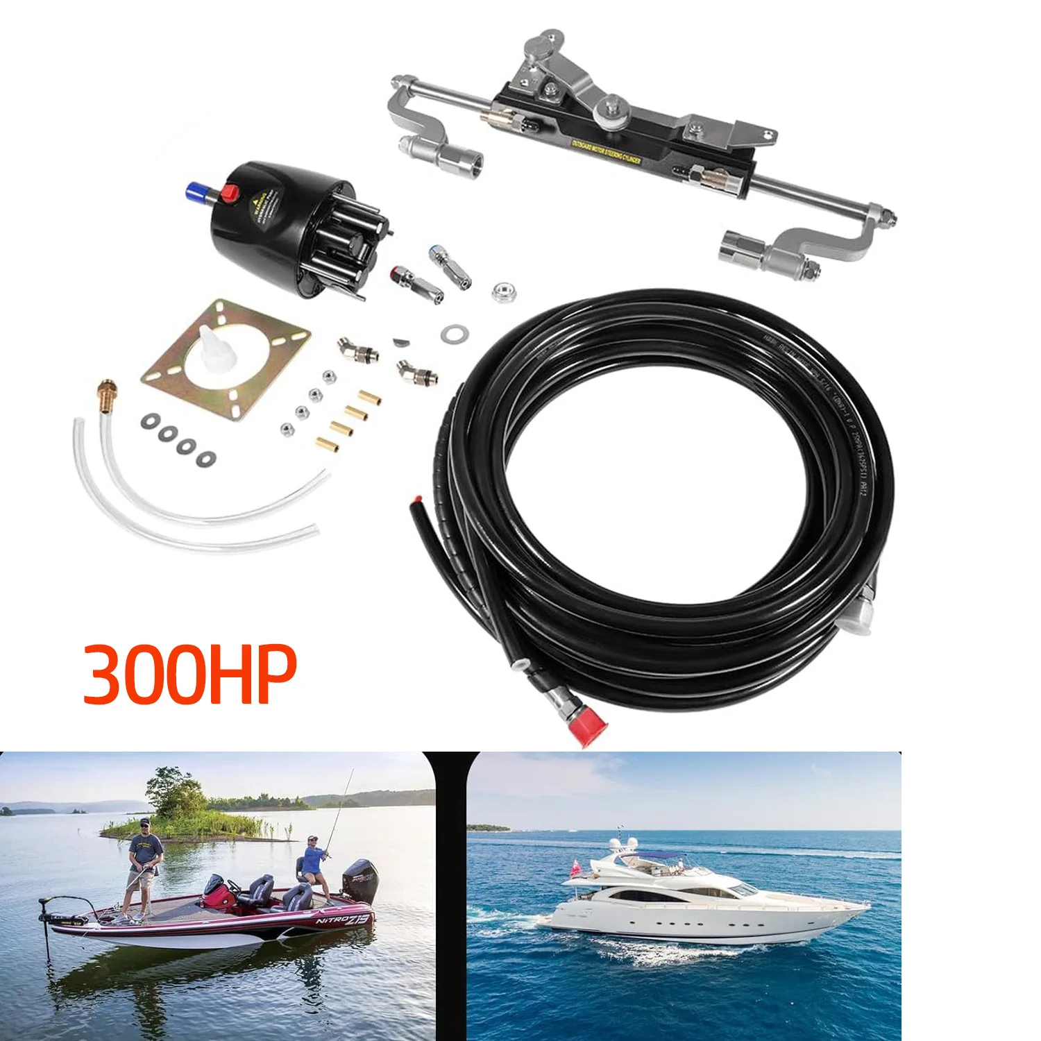 

Marine Hydraulic Steering Kit 300HP For Yamaha/Suzuki/Mercury Single Engines,Compatible with Most Single Outboard-Powered Boats