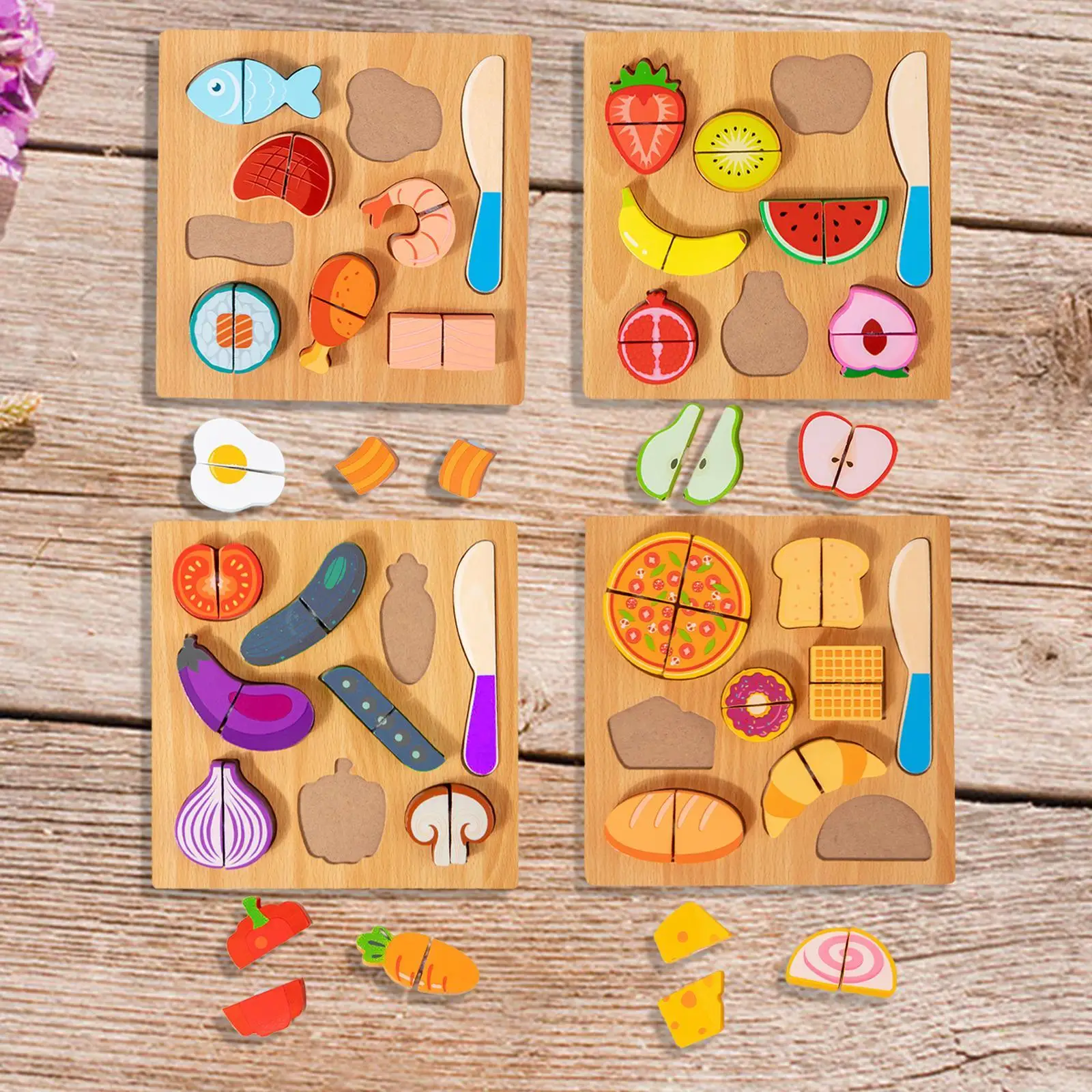 Drewniana układanka do krojenia, zabawka edukacyjna, puzzle do dopasowywania, drewniana kuchnia do zabawy, zabawka do krojenia jedzenia dla chłopców, dzieci, dziewcząt i młodzieży.