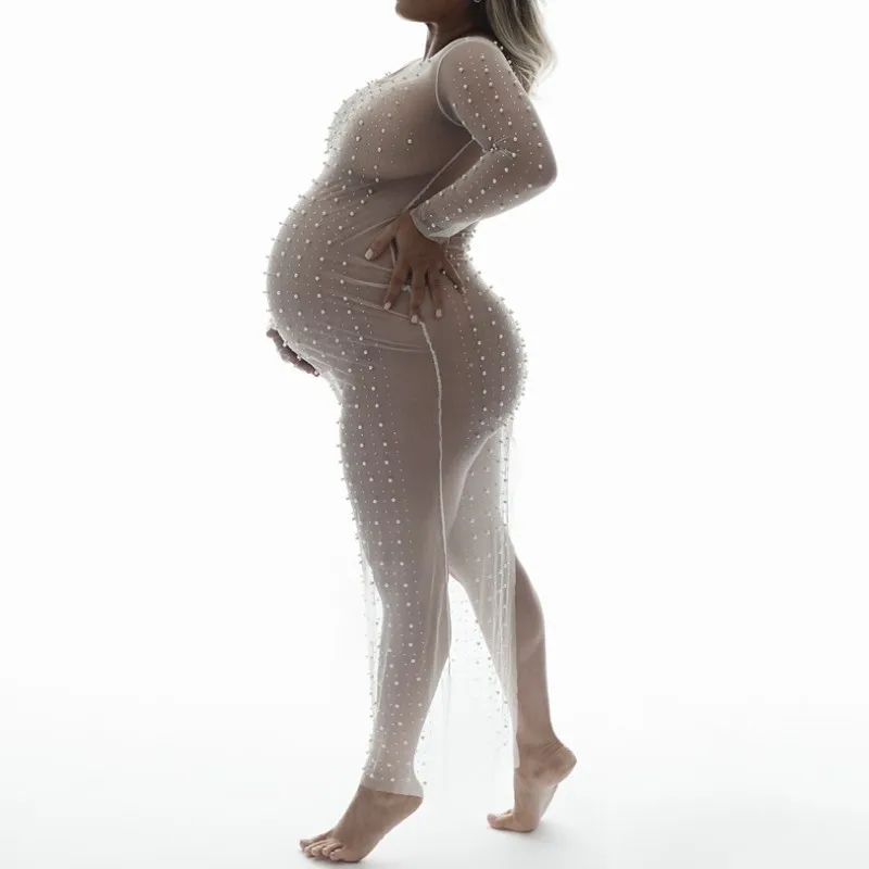 Maternity Photography Dress Sexy Pearl Lace Tulle Dress Women Pregnancy Robe Photo Shoot Props Bikini Cover-up Female Beachwear