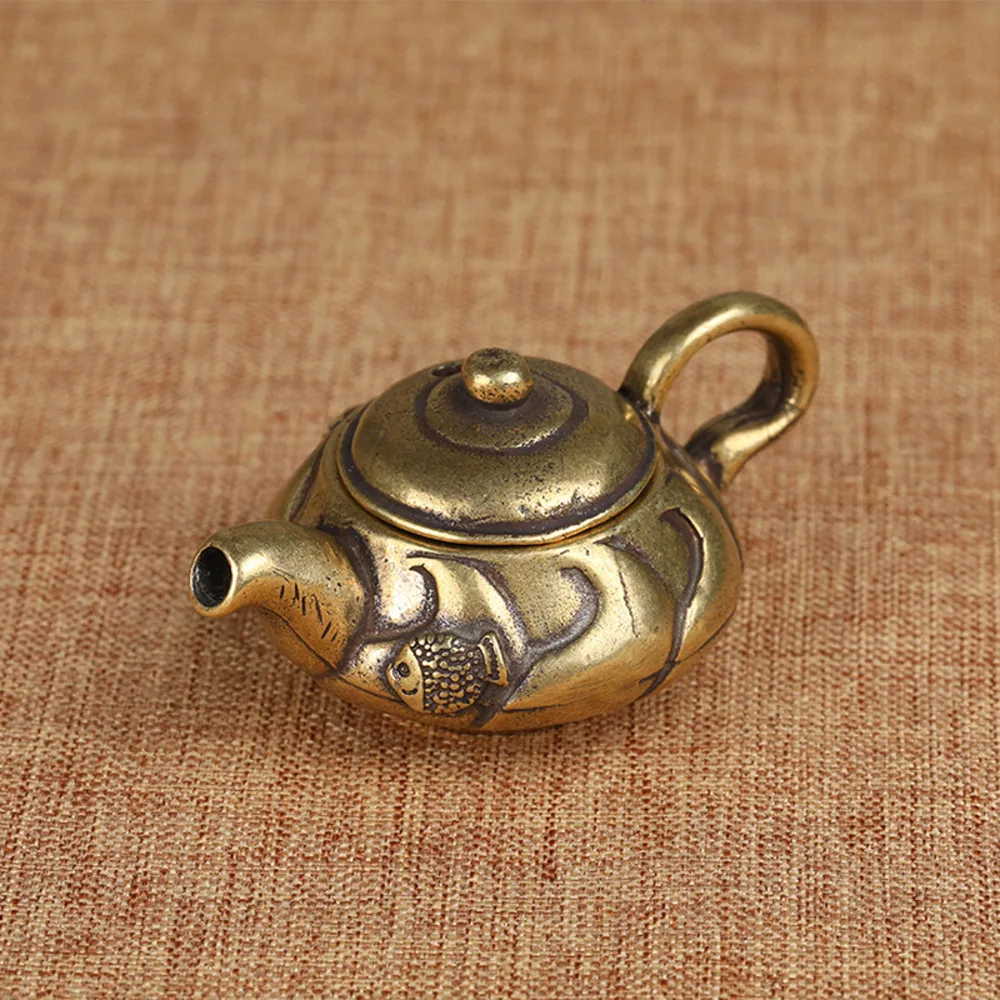 Brass Small Teapot Decoration Mini Small Copper Pot Double Fish Small Pot Hand Handle Copper Small Tea Ceremony Exquisite Pot