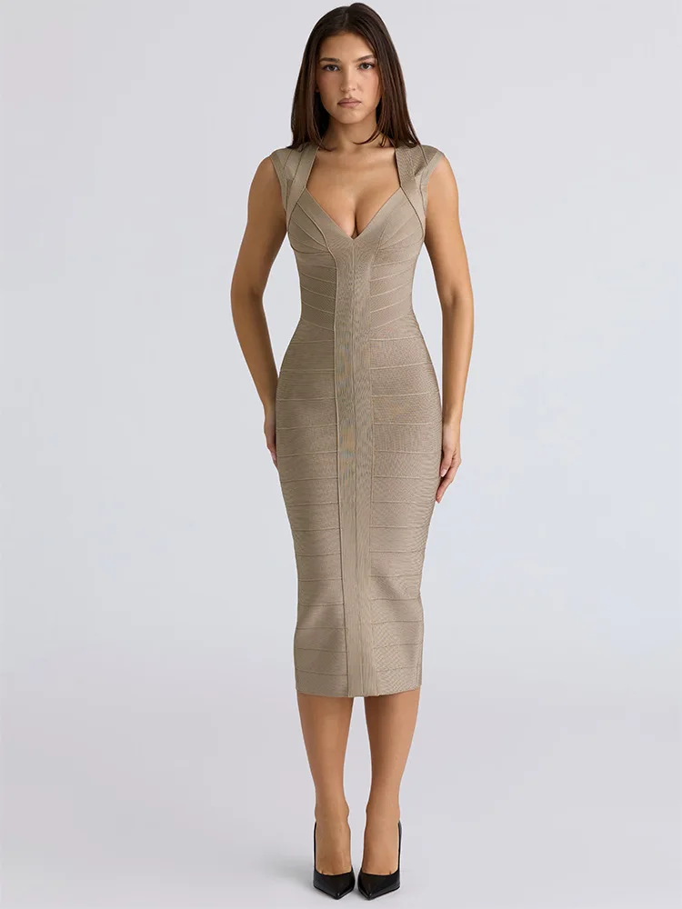 

2026 Women Sexy Luxury New Sleeveless V Neck Khaki Midi Bodycon Dress Party Costume Bar Nightclub Stage Performance Clothing