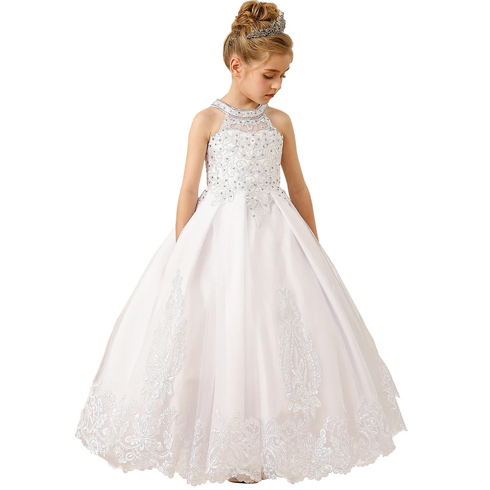 

Lovely White Flower Girl Dresses Lace Appliqued Beaded Fluffy Pageant Gowns For Kids Birthday Party Holy First Communion Dresses