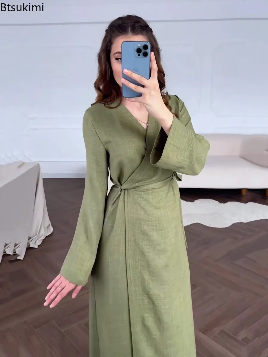 Vestidos musulmanes para mujer, vestido largo liso con cuello en V y cintura alta con cordones, Abaya informal de Ramadán Marruecos, caftán árabe de Dubái, bata modesta Islam