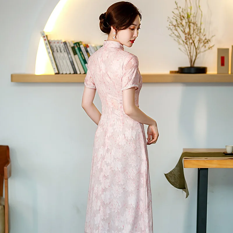 Yourqipao 2023 Summer Mid-length Low Slit Pink Cheongsam Elegant Modern Qipao Chinese Style Evening Party Dress for Women