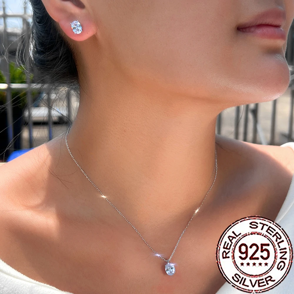 QooLady 925 فضة لامعة مكعب الزركون كبير البيضاوي أقراط قلادة مجموعات للنساء الزفاف ديكور مجوهرات اكسسوارات ST046