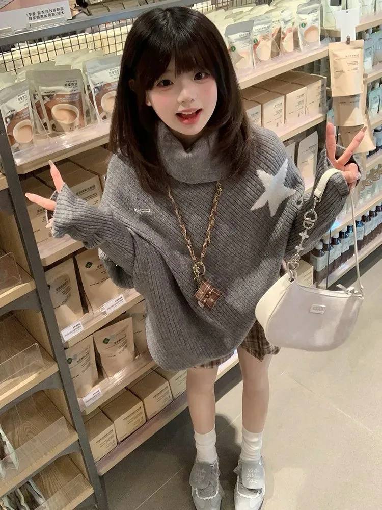 

Вязаный свитер, женский водолазка, осень-зима, свободный нерегулярный пуловер с длинными рукавами, винтажный модный женский джемпер со звездами