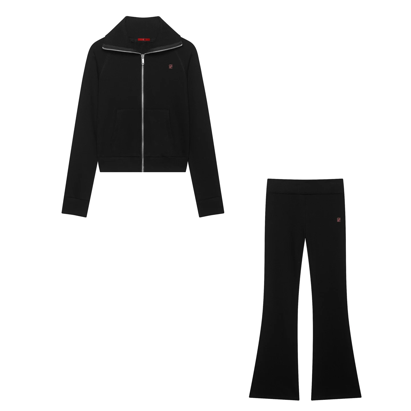 CH High Collar Zip Up Knit Matching Set Cropped Jacket Flared Pants Minimal Chest Embroidery Slim Women Leisure Outfit image 5