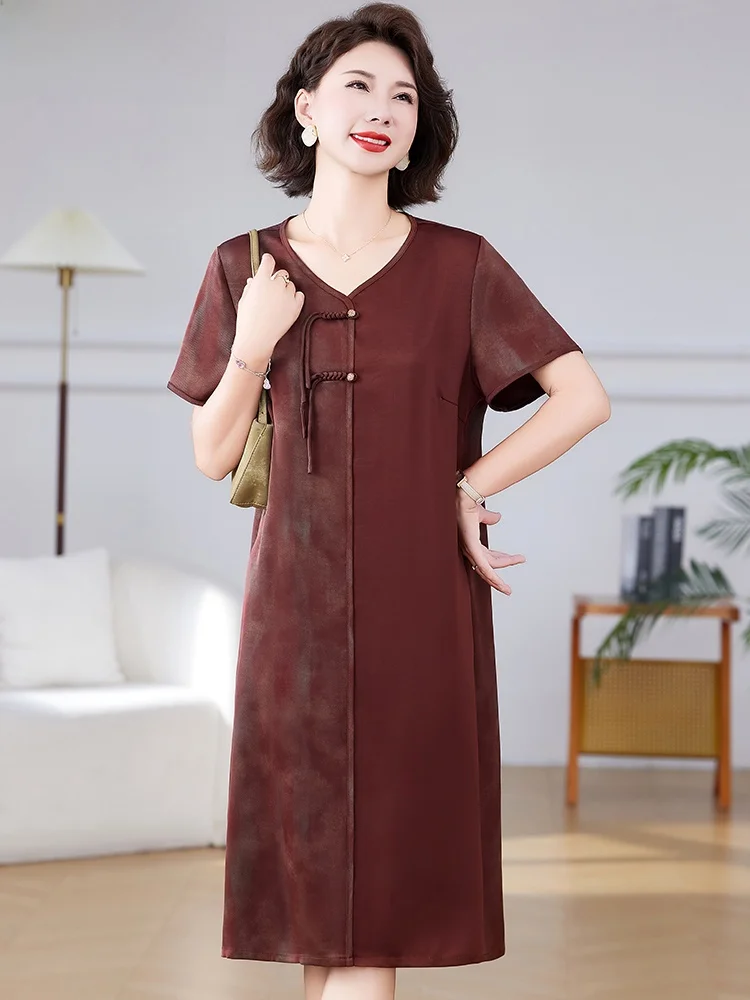 

Summer Faion Loose plus Size Midi Dr for Middle-Aged Women Polyester Fiber V-Ne Button Detail Thin Model Long Skirt
