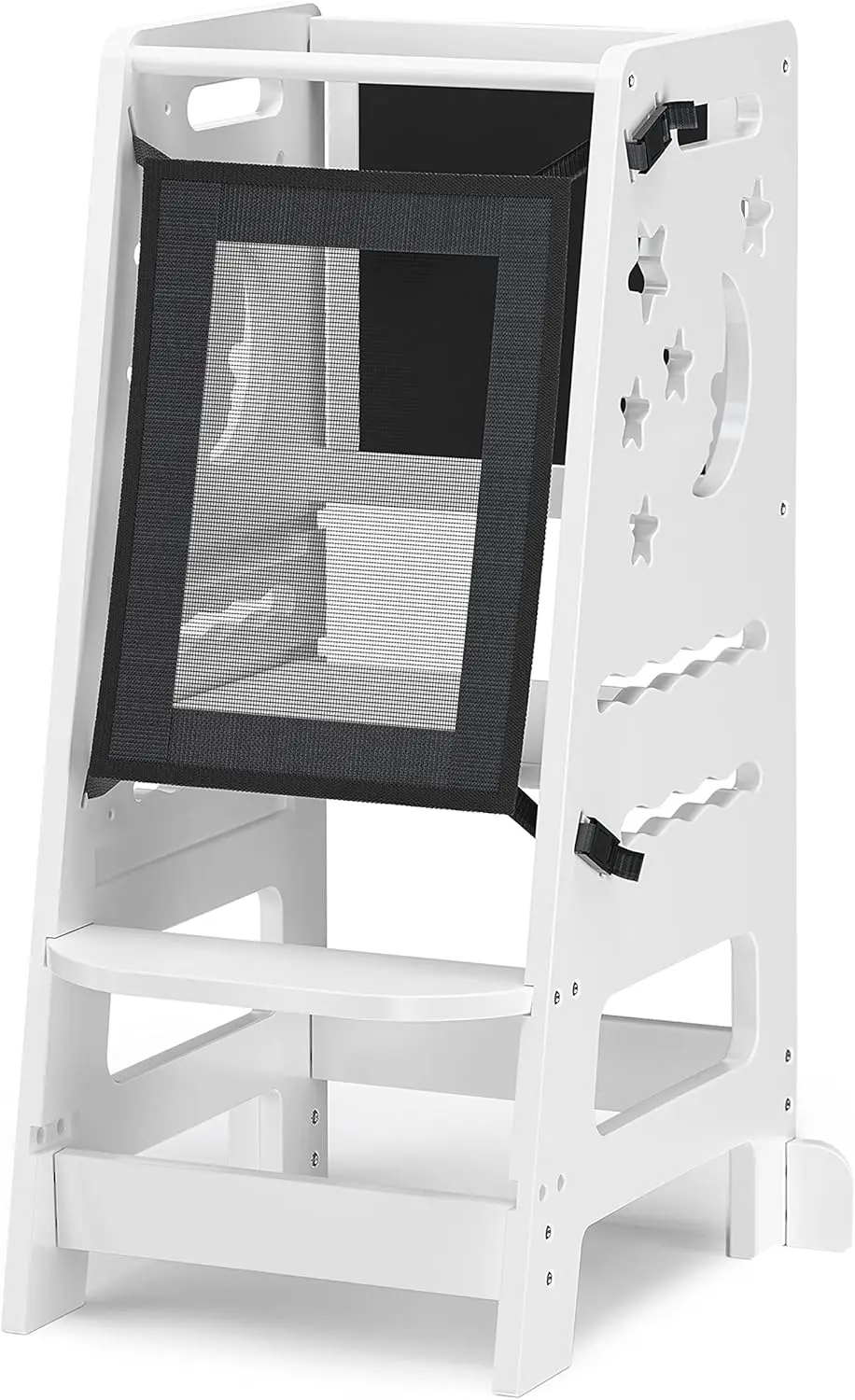 Bamboo Toddler Kitchen Stool for Kids Step Stool - White Little Helper Tower Adjustable Height with Learning Black & White Activ