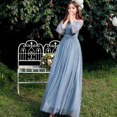 Verano champán rosa gris azul Vestido largo de dama de honor chica encaje malla NetTulle Vestido boda fiesta vestidos de comunión graduación