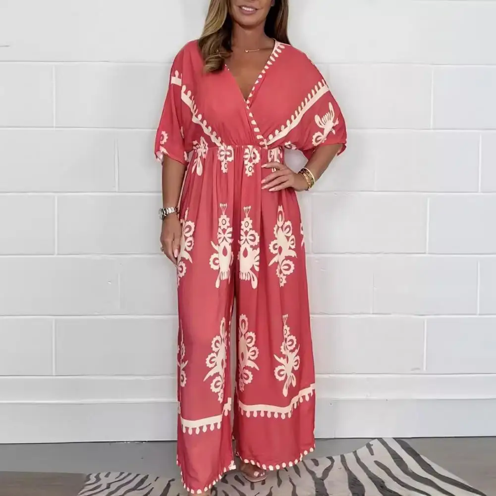 Retro Print Jumpsuit Bohemian Strand Lange Jumpsuit Stijlvolle Plus Size V-Hals Wijde Pijpen Zomer Dames Eendelig Geplooid Hoog