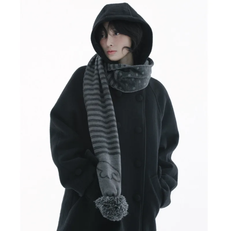 Original Korean Niche Design Autumn Winter Striped Scarf Sweet Girls Gray Warm Versatile Skiing Harajuku Decoration Accessories