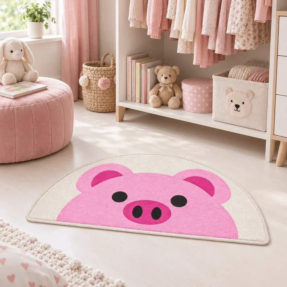 Cute Pink Pig Face Semicircle Area Rug Soft Flannel Non Slip Floor Mat For Nursery Bedroom Living Room Home Decor Fun Gift
