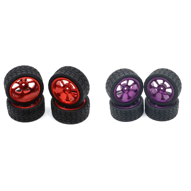 

8 Pcs 65Mm Metal Wheel Rim High Grip Rubber Tires Tyres For Wltoys 144001 A959 A959-B RC Car Parts,Red & Purple