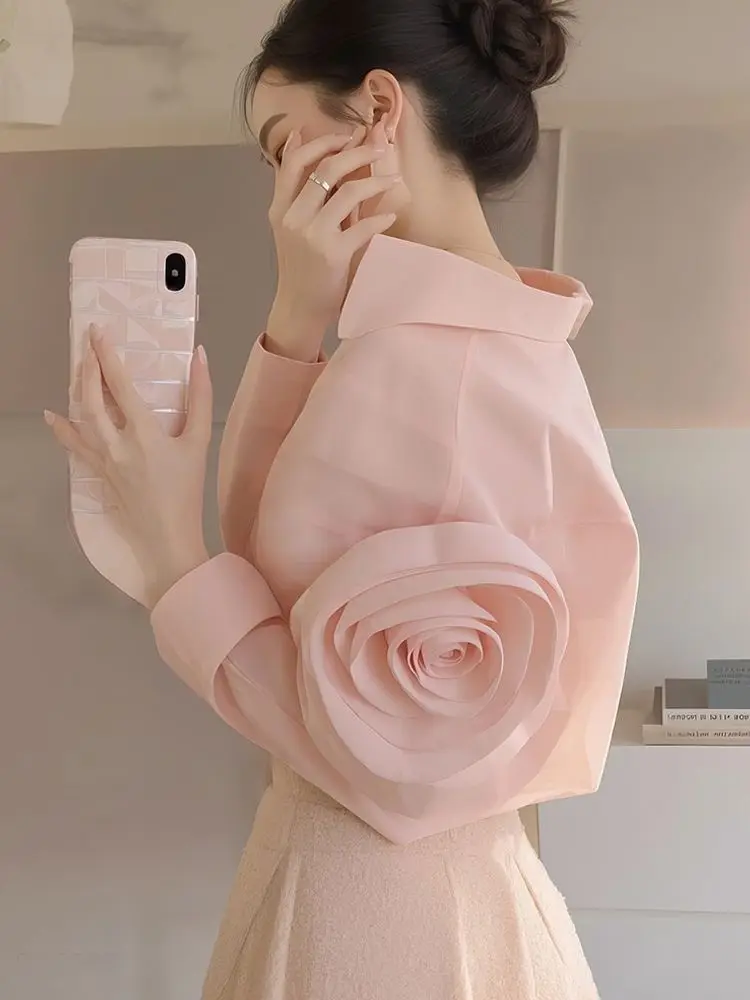 2025 New Shirt for Women Spring French Temperament Solid Color Versatile Pink Top
