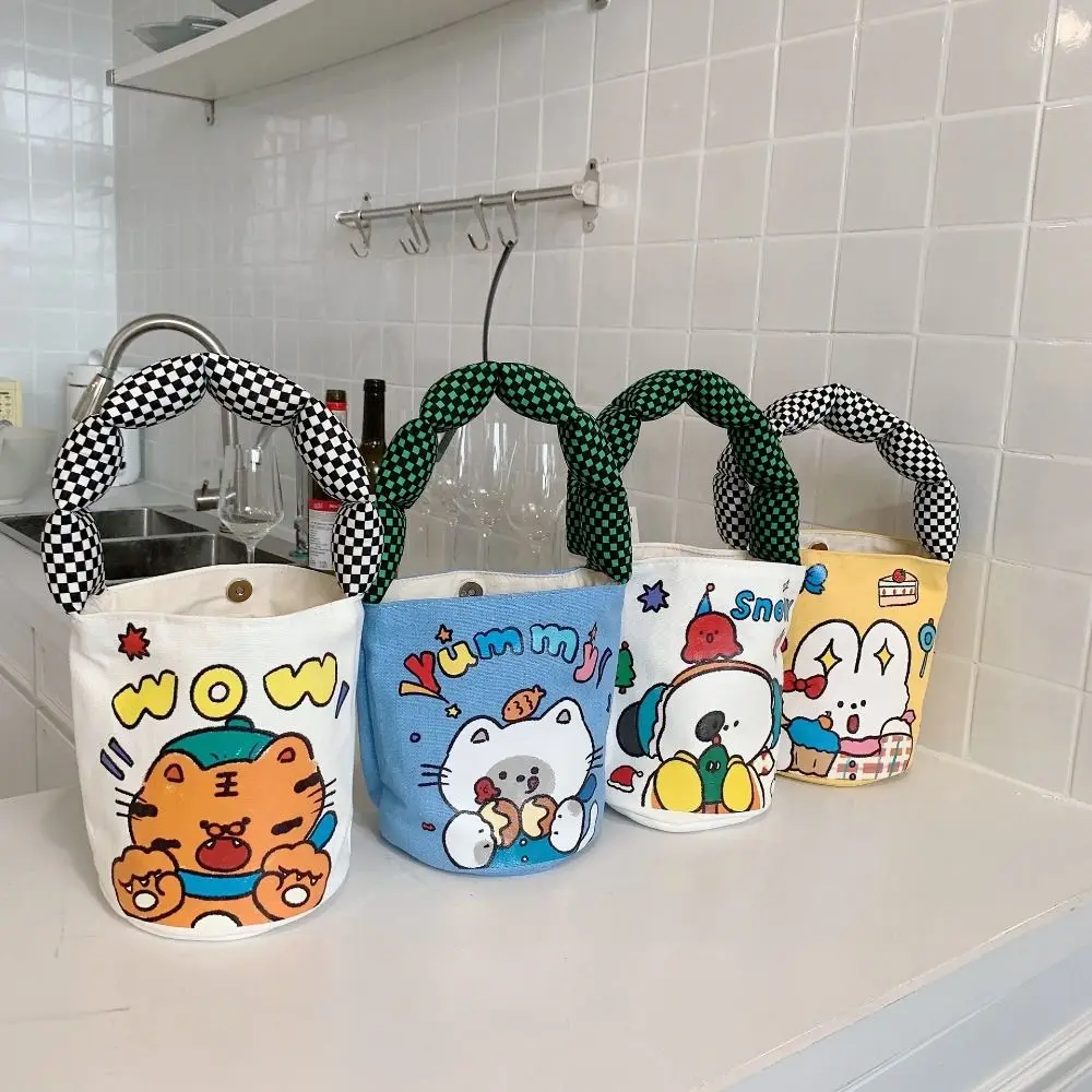 Rabbit Cartoon Canvas Bucket Bag Portable Large Capacity Korean Style Tiger Lunch Bag Girls