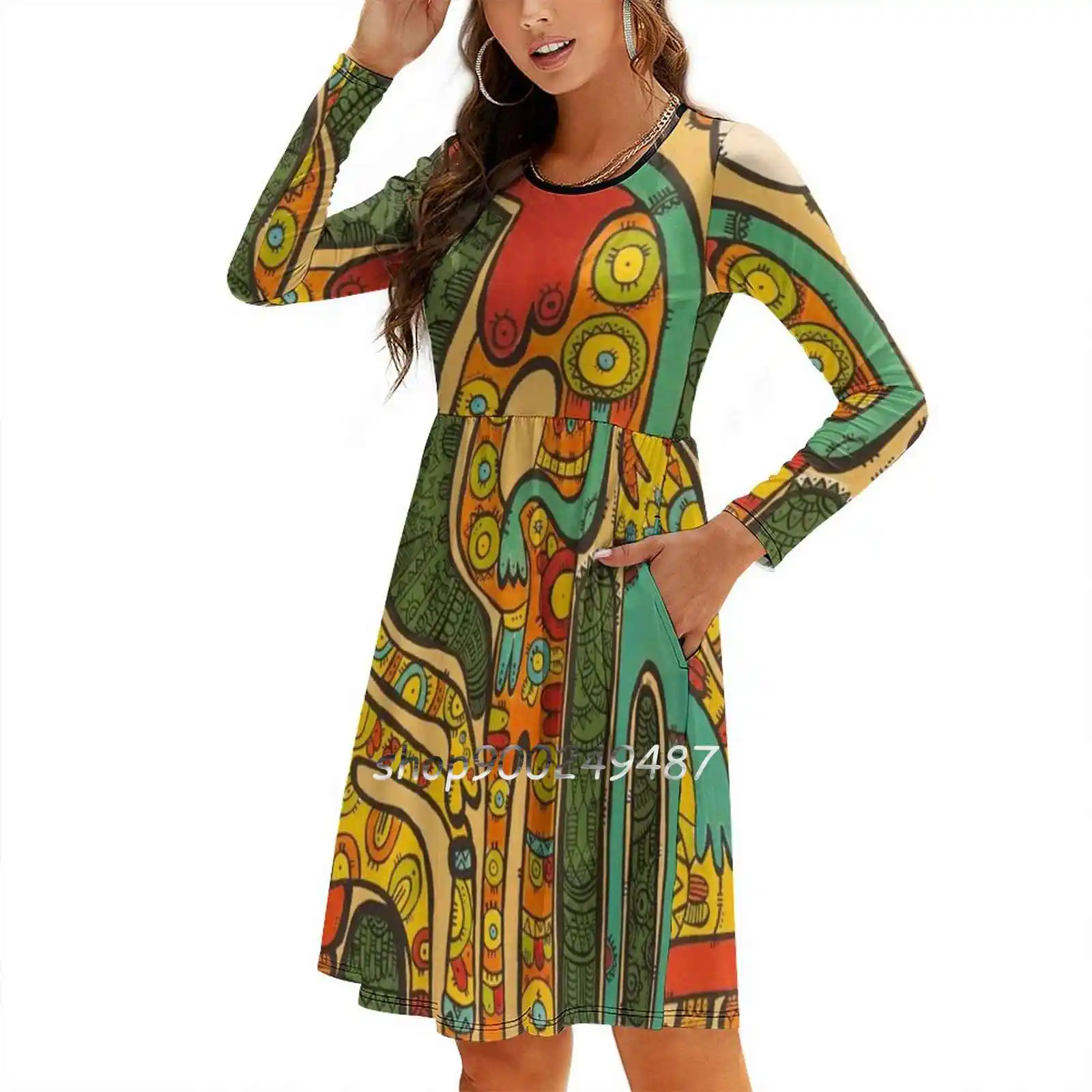 "Runião colorida" por Tara Mokhtari vestido de pescoço quadrado bonito solto vestidos estampados elegante vestido de festa de praia textura colorida