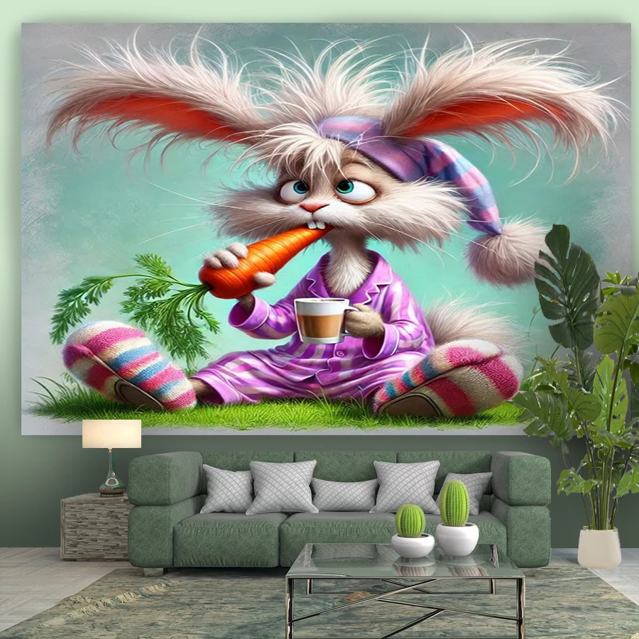 1PC Digital Printed Tapestry Wall Hanging, Cartoon Crazy Bunny Pajamas Carrot Drink Funny Art, for Living Room Bedroom Decor