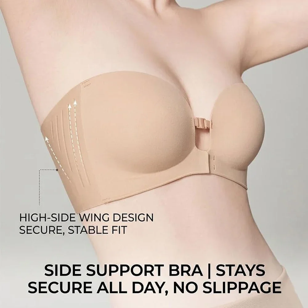 Damen trägerloser BH mit Frontverschluss, Push-up-BH, gepolstert, mit zusätzlicher Körbchenfüllung, rutschfester Griff, herausnehmbar, kabellos, stützend, nahtlos – Detail 4