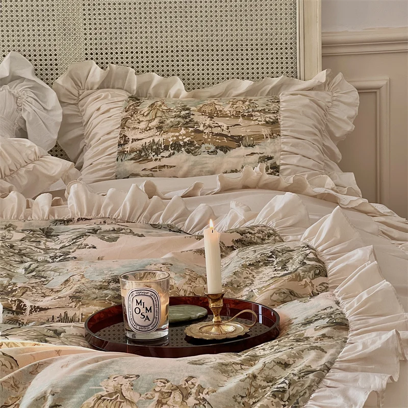 Europe Vintage Pastoral Style Bedding Set 100% Cotton Luxury Lace Ruffles Plant Pattern Quilt/Duvet Cover Bed Skirt Pillowcases