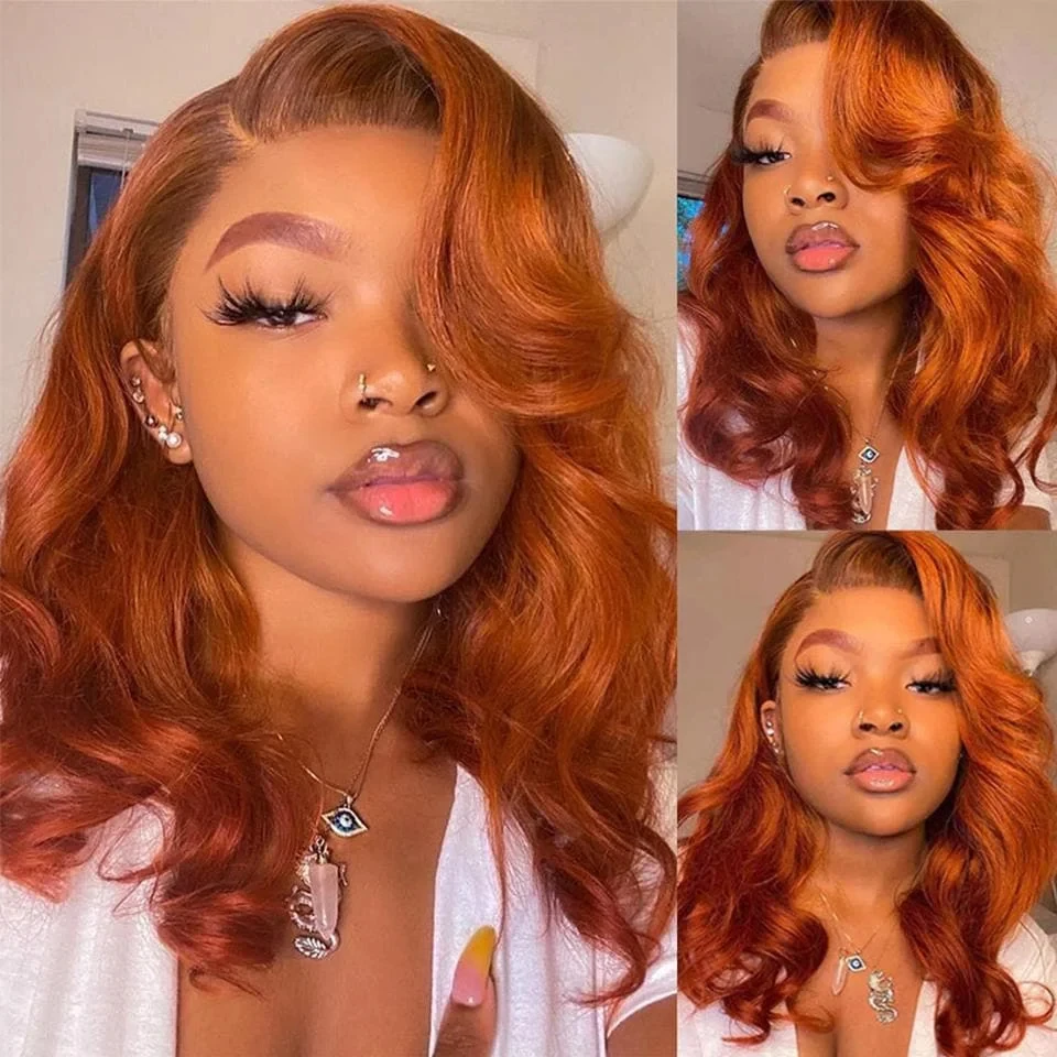 200Density Ginger Orange Lace Front Wig Body Wave 13x4 Lace Front Human Hair Bob Wig Pre Plucke Natural Wavy HD Lace Frontal Wig