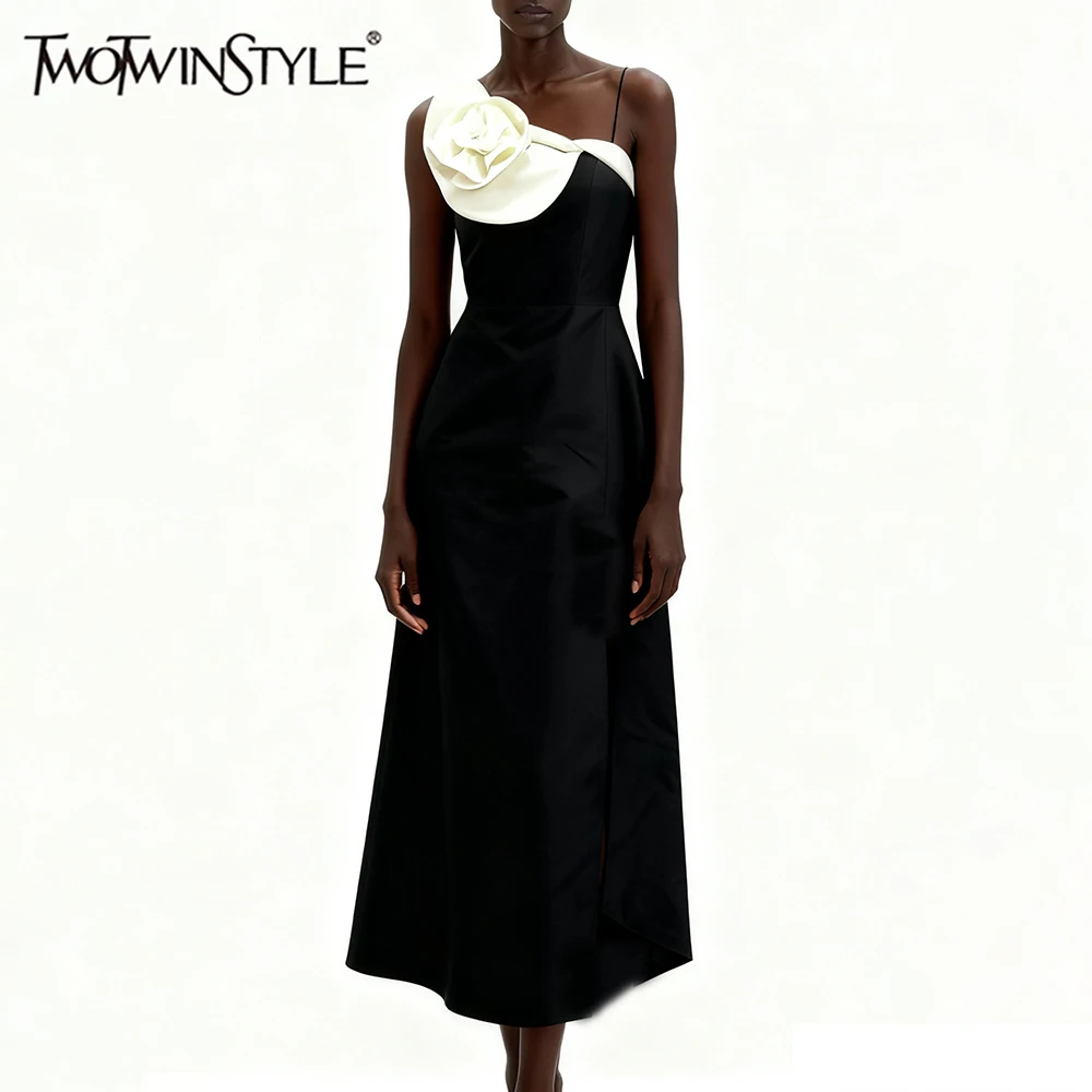 

TWOTWINSTYLE Hit Color Slimming Spliced 3D Flower Dresses for Women Strapless Sleeveless High Waist Elegant Dress Female Fashion