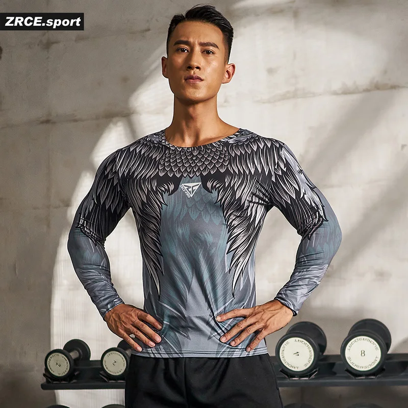 

ZRCE Gym Sport T Shirt Men Quick Dry Running Shirt Men Feather Pattern Tops Compression Long Sleeve T-shirt Tight Rashgard