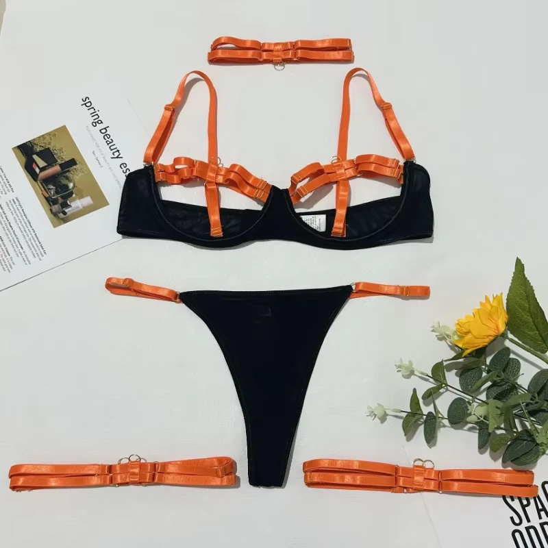 Bikini Two-tone Patchwork Tie Hollow Out Thong Swimsuit Underwear Four-piece Set