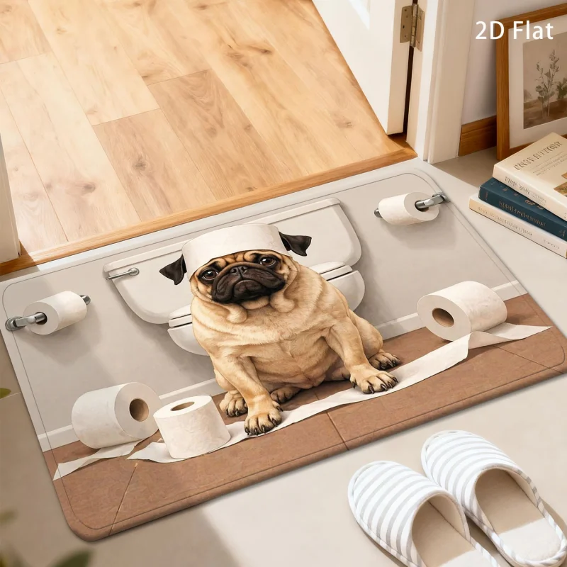 VIKAMA Funny Pug Dog Bathroom Mat Cute Toilet Paper Print Non Slip Water Absorbent Bath Front Door Floor Decor Rug