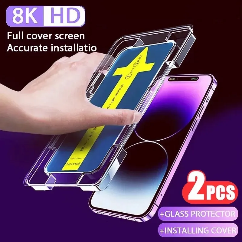 2PCS High End Tempered Glass For IPhone 14 11 12 13 15 Pro Max 15 14 Plus Screen Protector with Alignment Mounting Cover