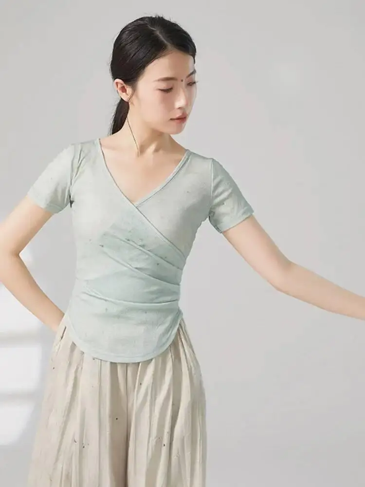 Tie Dye V คอแขนสั้น SLIM FIT Dance TOP ผู้หญิงโมเดิร์นร่วมสมัยบัลเล่ต์แจ๊สฝึก STAGE Performance ศิลปะเสื้อ