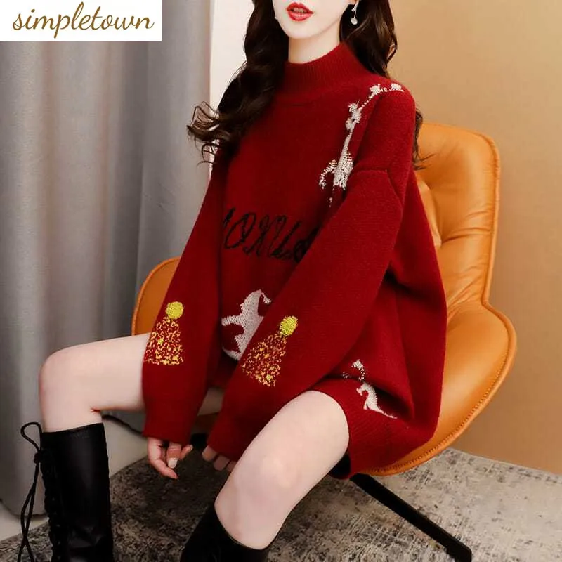 Thickened Solid Color Christmas Sweater Women's Mid Length Knitwear Autumn/Winter 2023 New Loose Lazy Top