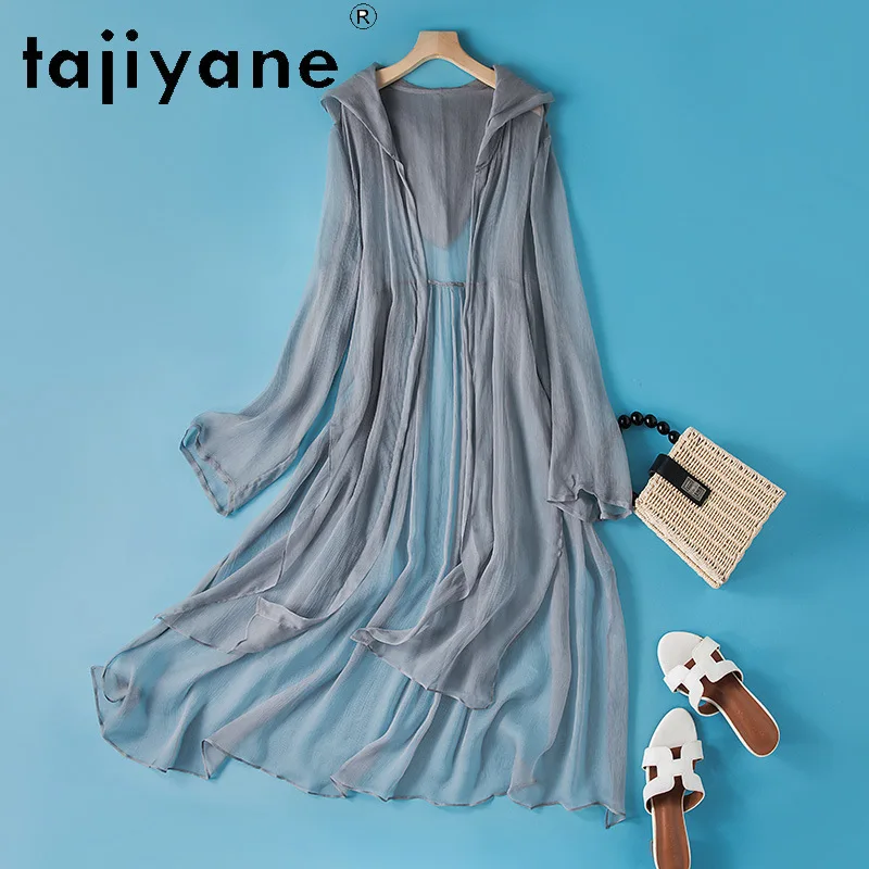 بلوزة TAJIYANE 100% من حرير التوت الحقيقي سترة حريرية طويلة أنيقة مع غطاء محرك السيارة معطف شال ملابس صيفية 2025 ملابس للسيدات