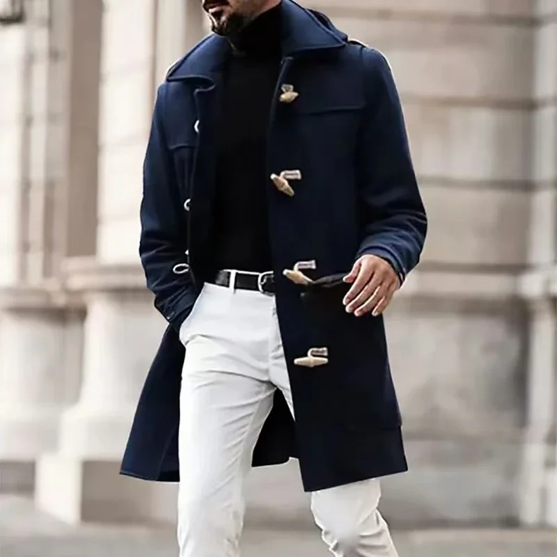 Luxury Vintage Buttons Lapel Long Coat Mens Autumn Winter Fashion Windbreaker Long Sleeve Overcoats Streetwear Men Long Jacket