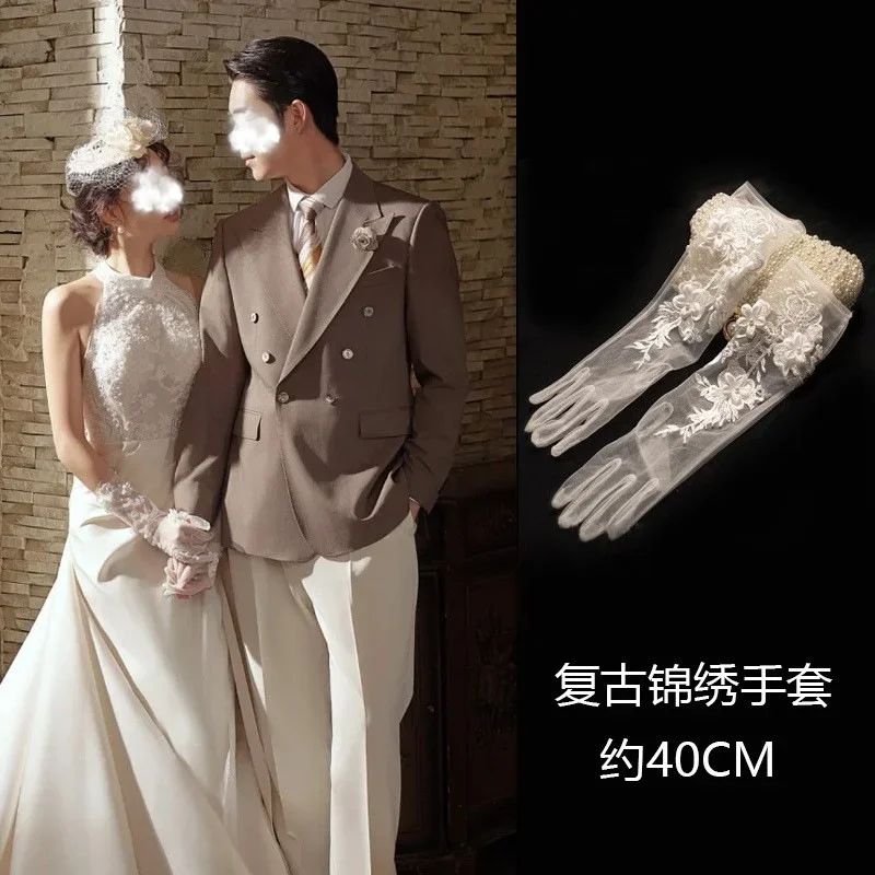 1 pair  bridal wedding gloves, long lace white mesh gloves