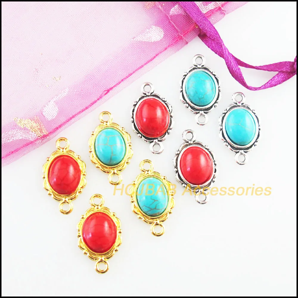 Fashion 20Pcs Retro Gold Color Tibetan Silver Tone Oval Flower Blue&Red Stone Charms Connectors 12x21mm