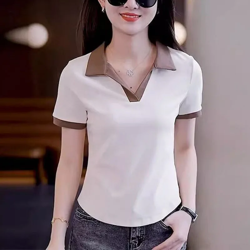 

2024 Summer New Women's Contrast Color Spliced Polo-Neck All-match Ventilate T-shirt Stylish Slim Comfortable Short Sleeve Tops