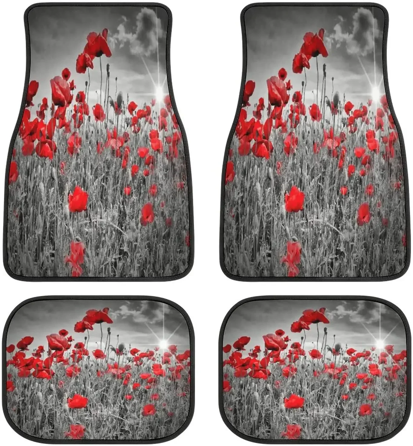 Poppy Field Black and White Art Car Mats Front&Rear 4-Piece Full Set Carpet Car SUV Truck Floor Mats with Non Slip Back