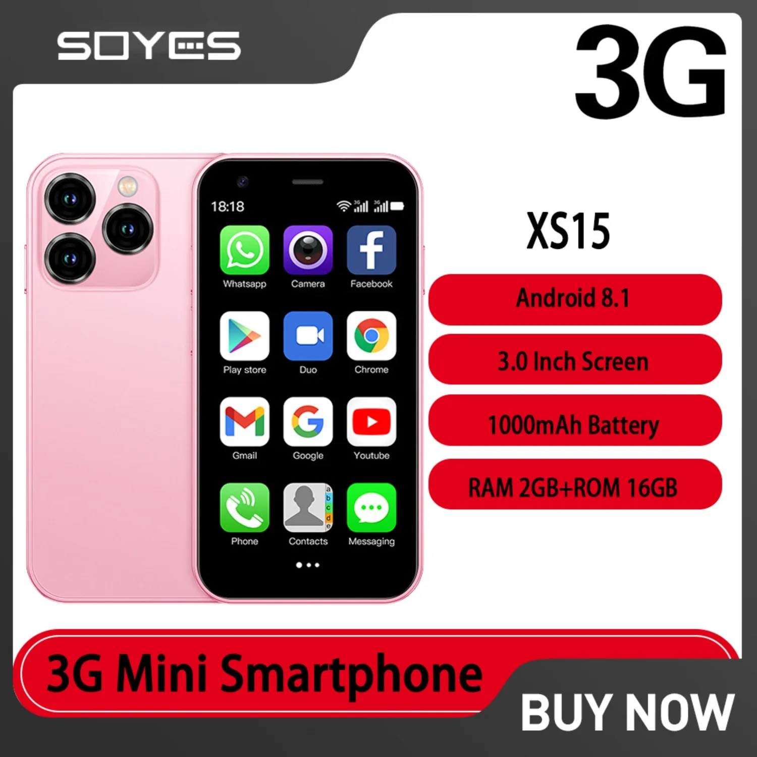 2025 New SOYES XS15 3G Ultra-thin Smartphone 2GB+16GB Android 8.1 Dual SIM 3.0 “ Phone 1000mAh Wifi GPS Mini Small Cell Phone