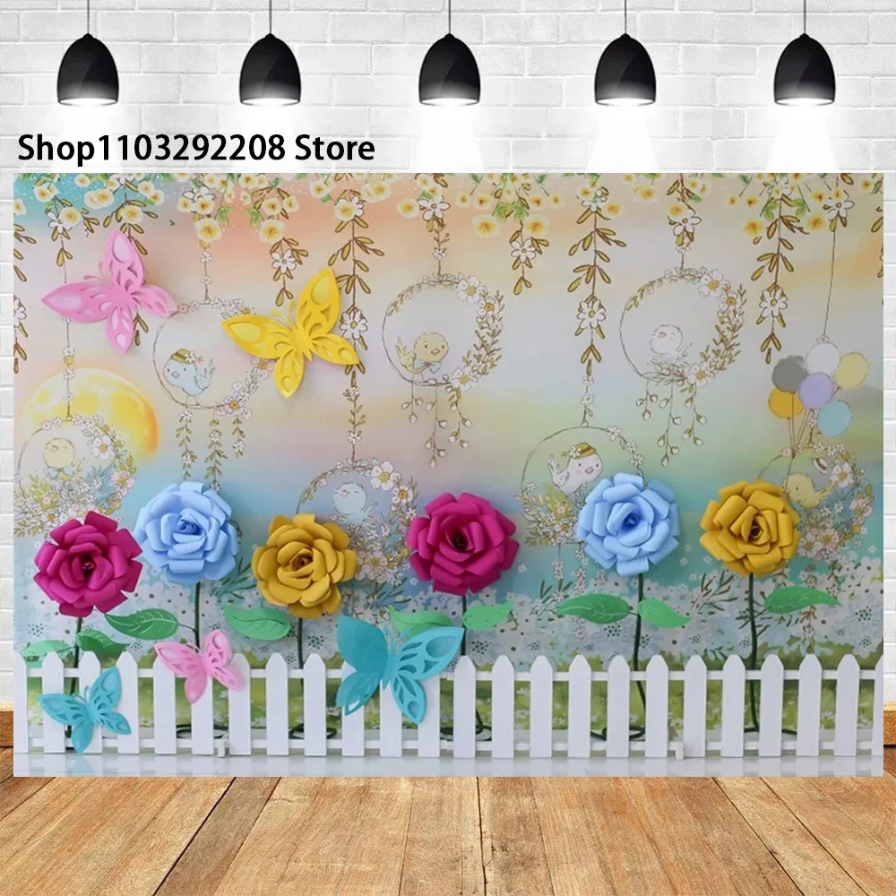 Flowers Balloons Butterfly Theme Girls 1st Birthday Party Baby Shower Cake Smash  Portrait Photography Background Photo Studio