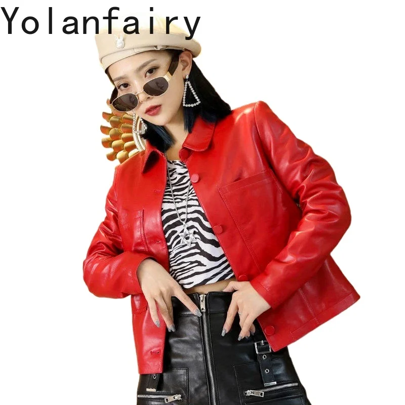 

YOLANFAIRY 2026 Real Sheepskin Coat Autumn Korean Style Women Cropped Leather Jacket Black Long Sleeve Versatile Short Outerwear