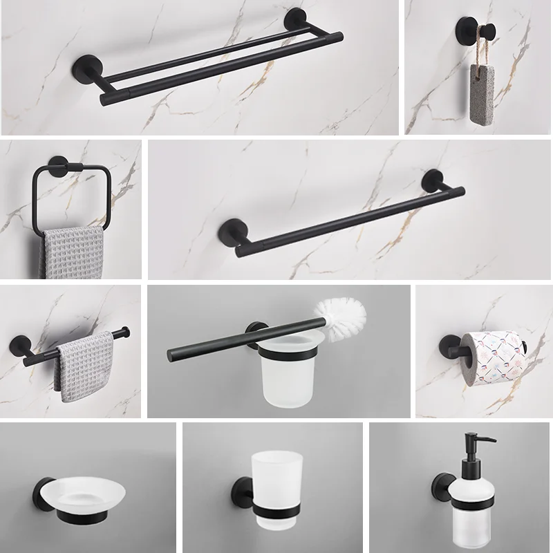 

High Quality Matte Black Bathroom Accessories Towel Rack Toilet Paper Holder Towel Bar Hook Toilet Brass Knurling Hardware Set