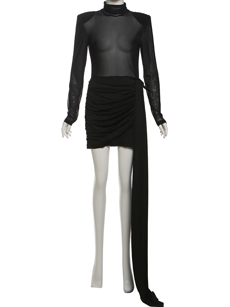 Kliou-Mini Vestidos con cintas y dobladillo de malla para Mujer, Vestidos sexys de coqueta transparentes con cuello levantado y manga larga, vestido de discoteca para Mujer